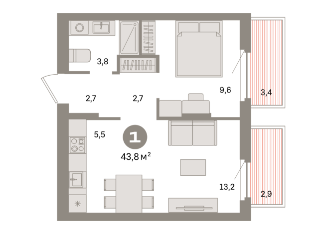 43.00 м² | 4 - 9 эт.