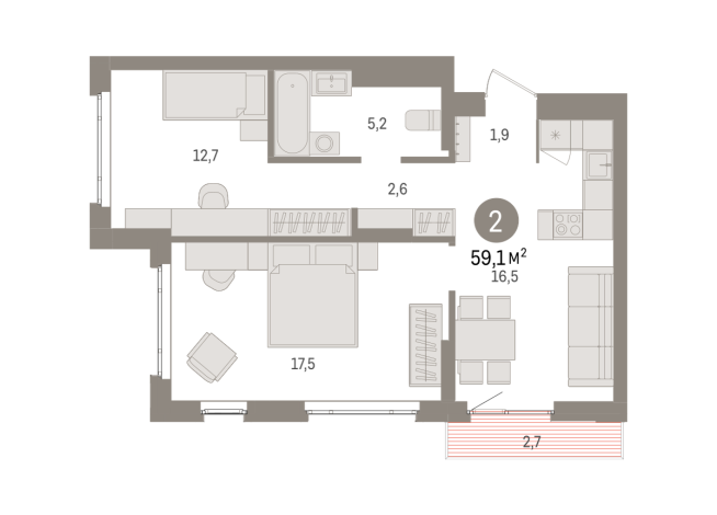 59.00 м² | 14 - 16 эт.