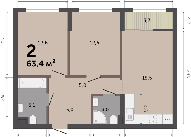63.00 м² | 9 - 17 эт.