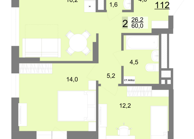 60.00 м² | 17 - 23 эт.