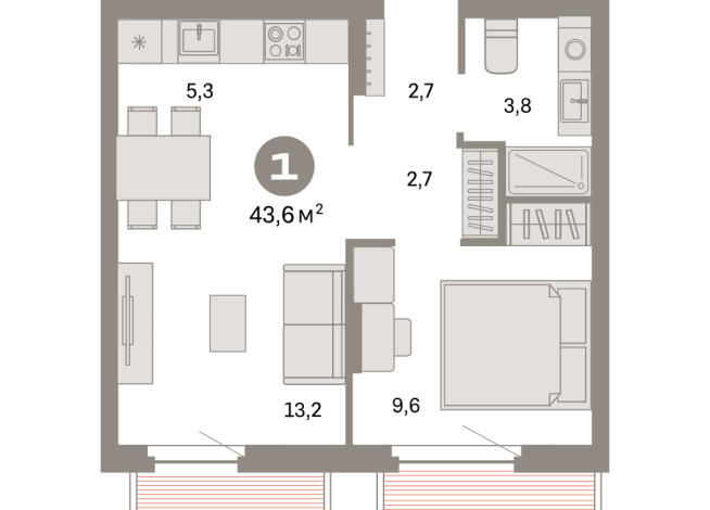 43.00 м² | 5 - 9 эт.