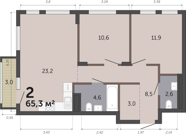 65.30 м² | 6 - 19 эт.