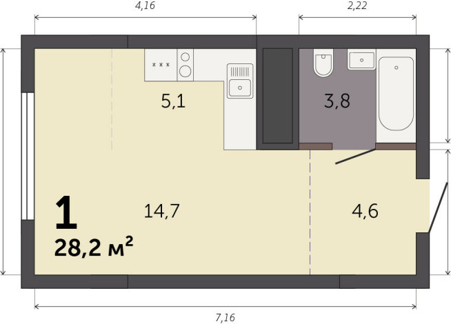 28.20 м² | 24 - 32 эт.