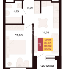 1-к квартира | 38.19 м² | 5 - 30 эт. 00