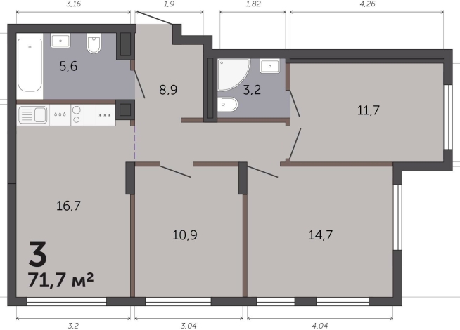 71.70 м² | 2 - 19 эт.