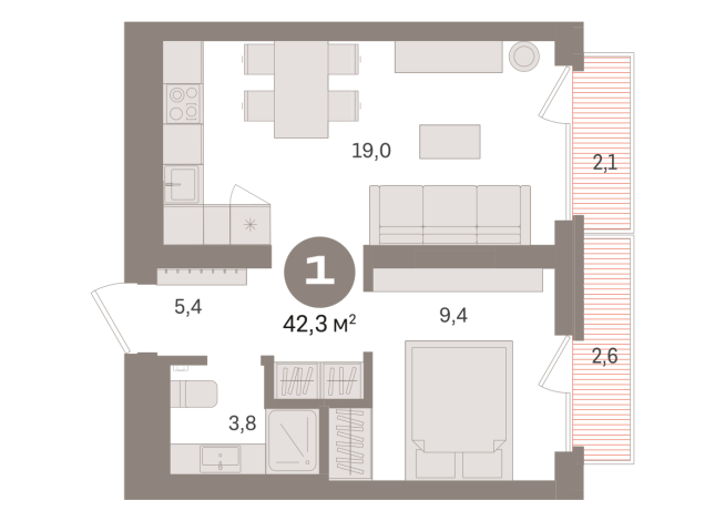 42.00 м² | 5 - 9 эт.