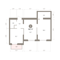 58.00 м² | 2 - 9 эт. 00