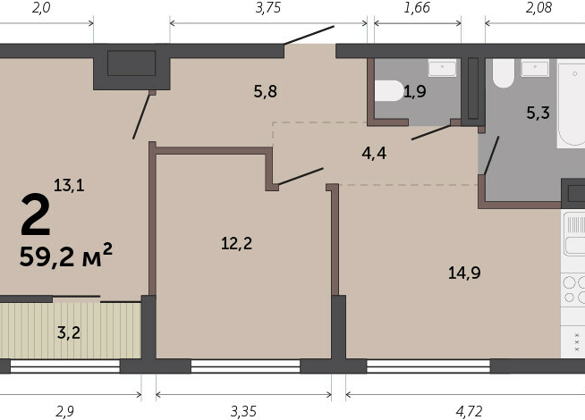 58.50 м² | 12 - 17 эт.