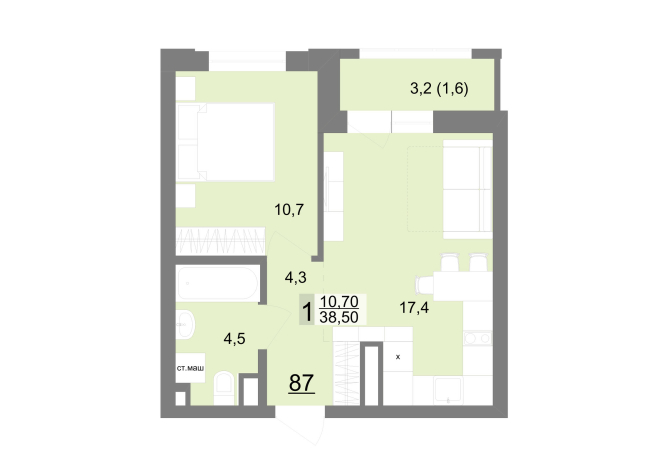 38.50 м² | 12 - 26 эт.