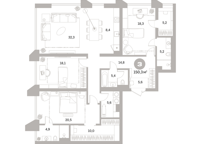 150.00 м² | 16 - 25 эт.