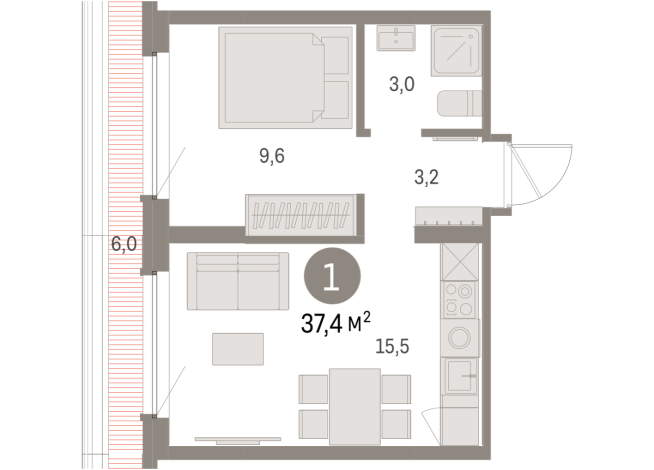 37.00 м² | 8 - 9 эт.