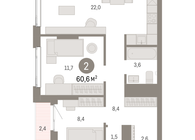 60.00 м² | 17 - 25 эт.