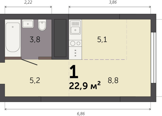 22.90 м² | 23 - 32 эт.
