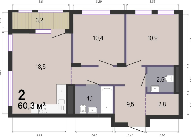 61.60 м² | 10 - 19 эт.