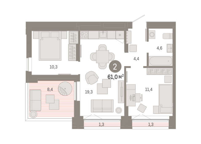 61.00 м² | 16 - 16 эт.