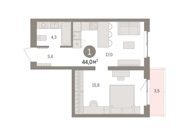 44.00 м² | 5 - 15 эт.