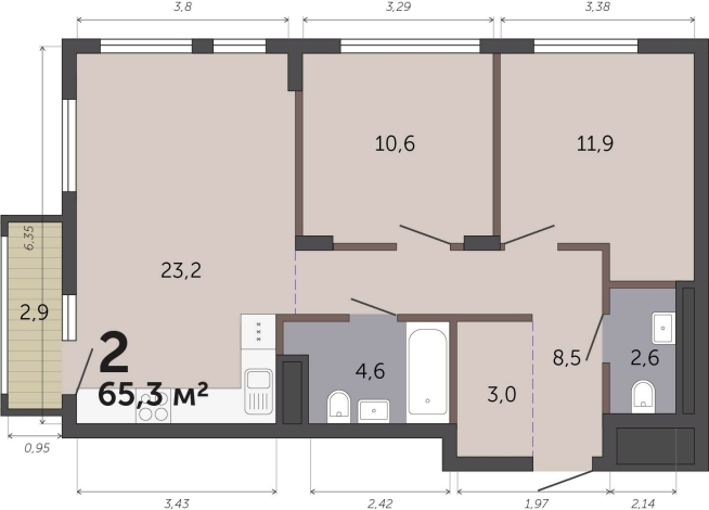 65.30 м² | 5 - 19 эт.