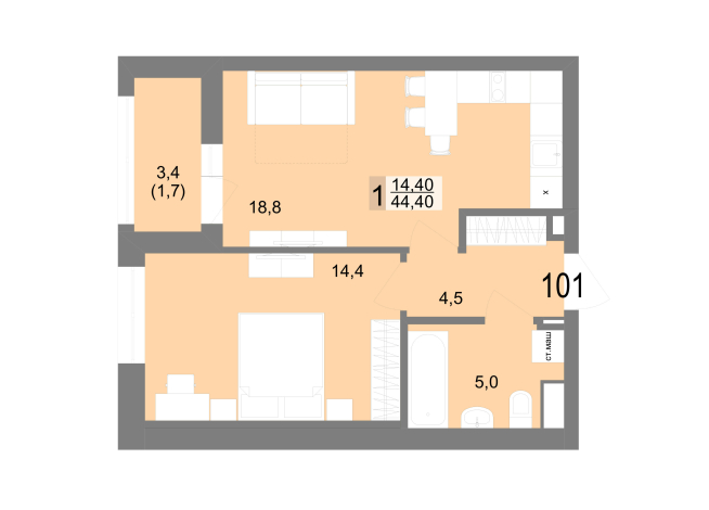 44.40 м² | 17 - 25 эт.