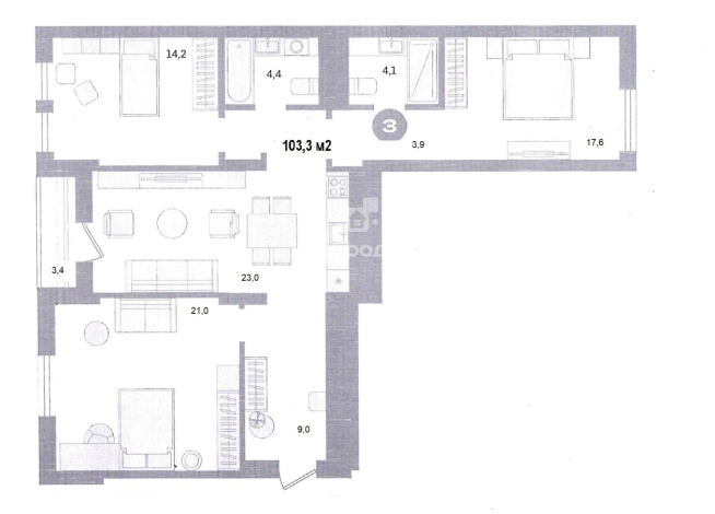 3-к квартира | 106.70 м² | 8 - 9 эт.
