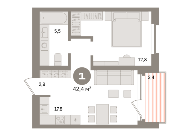 42.00 м² | 3 - 24 эт.