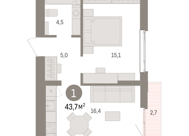 43.00 м² | 4 - 7 эт.