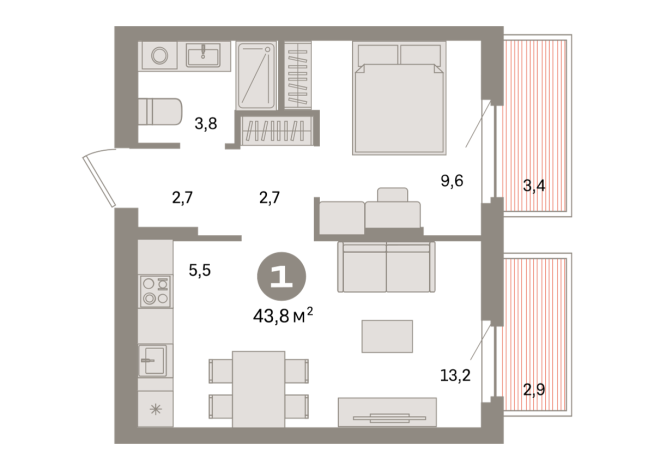 43.00 м² | 6 - 9 эт.