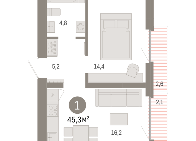 45.00 м² | 6 - 9 эт.