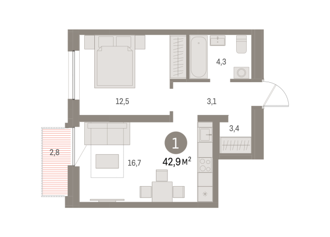 42.00 м² | 11 - 16 эт.