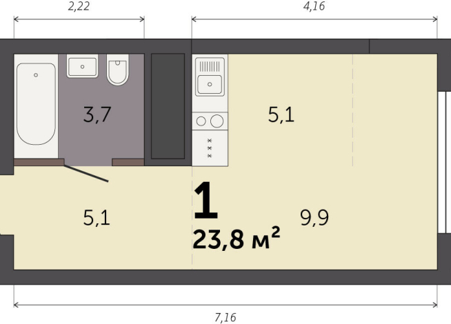 23.80 м² | 23 - 32 эт.