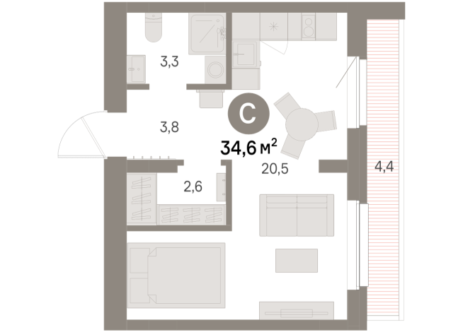 34.00 м² | 7 - 9 эт.