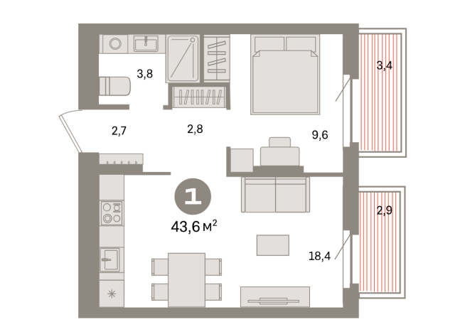 43.00 м² | 6 - 9 эт.