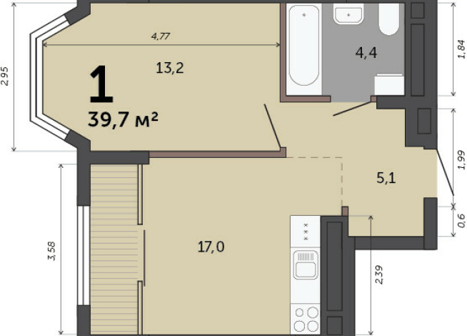 39.70 м² | 9 - 23 эт.