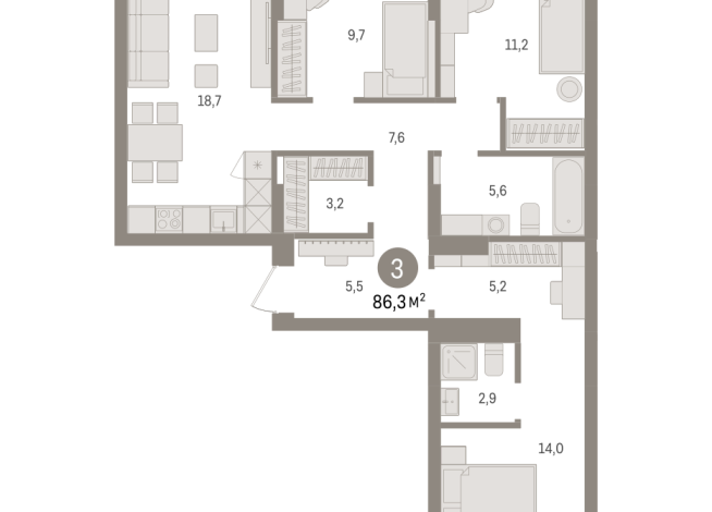 86.00 м² | 3 - 7 эт.