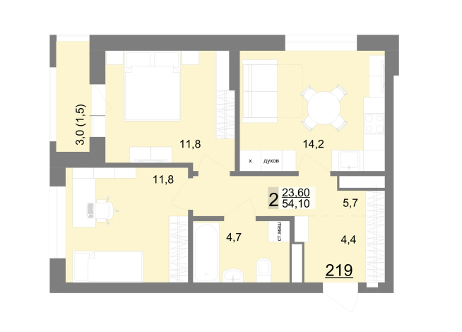 53.90 м² | 26 - 26 эт.