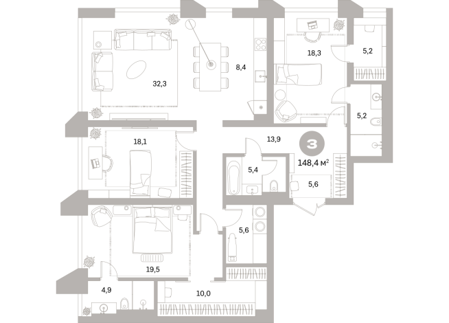 148.00 м² | 21 - 25 эт.