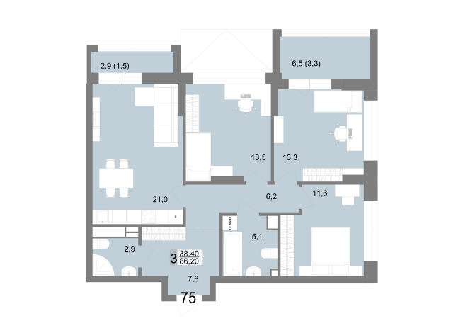 86.20 м² | 13 - 25 эт.