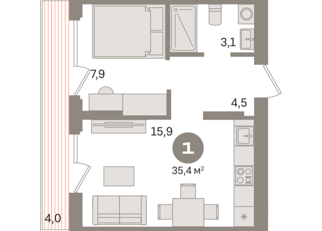 35.00 м² | 8 - 9 эт.