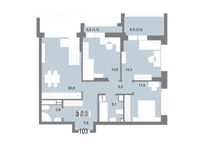 85.80 м² | 17 - 25 эт.