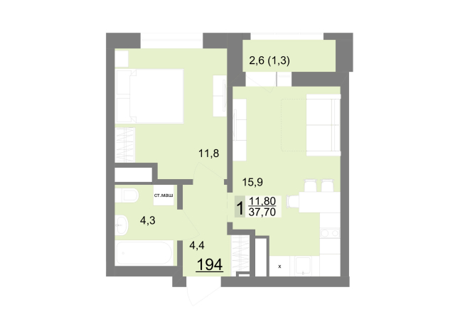 37.70 м² | 23 - 26 эт.