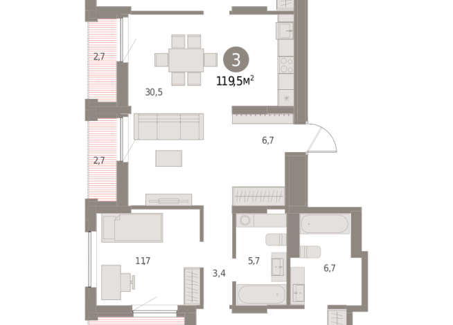 119.00 м² | 16 - 16 эт.