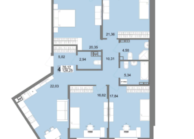 4-к квартира | 128.44 м² | 3 - 12 эт.