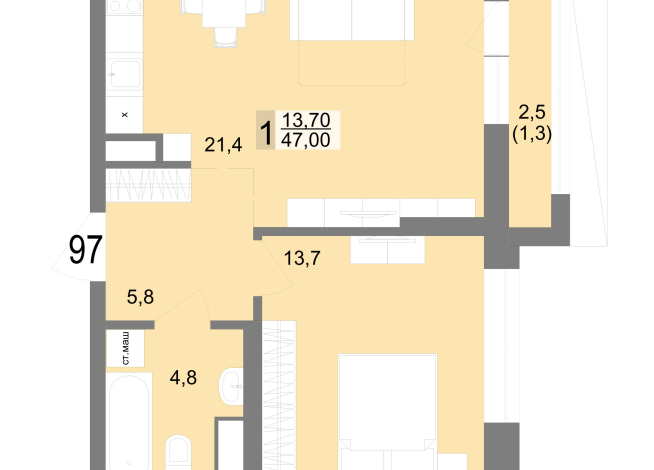 47.00 м² | 16 - 25 эт.