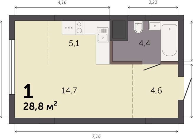 28.80 м² | 2 - 32 эт.