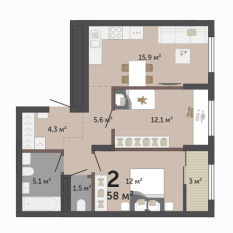 58.00 м² | 14 - 17 эт. 00