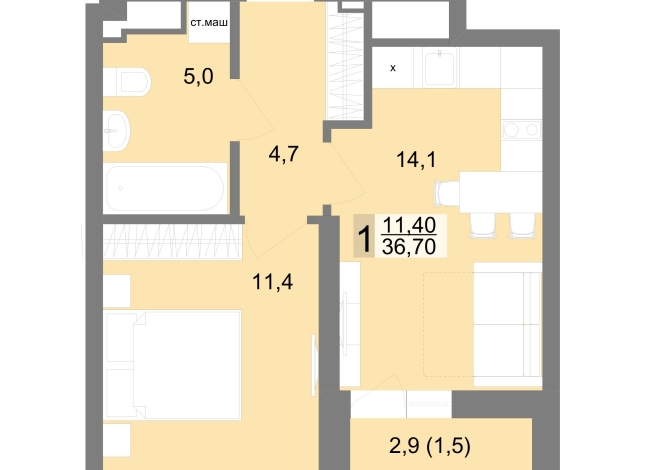 36.70 м² | 24 - 25 эт.