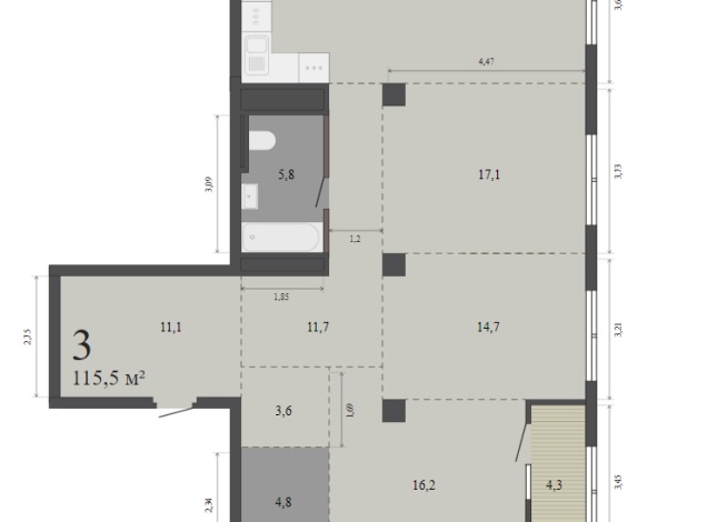 115.50 м² | 13 - 15 эт.