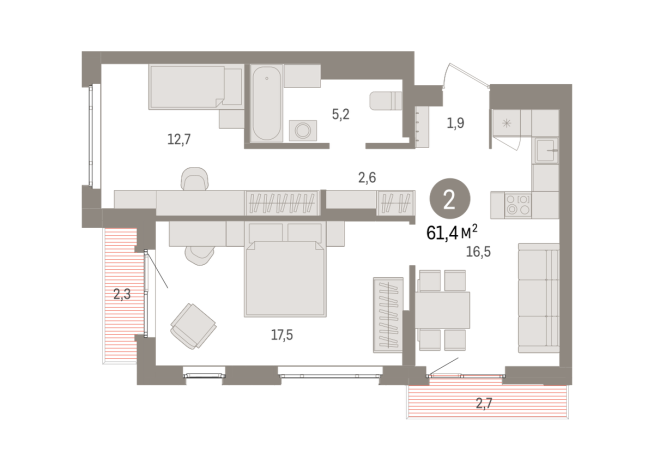 61.00 м² | 13 - 16 эт.