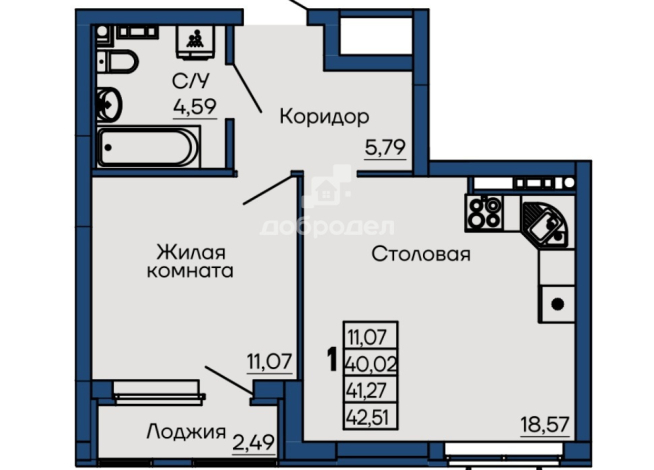 1-к квартира | 40.30 м² | 3 - 14 эт.