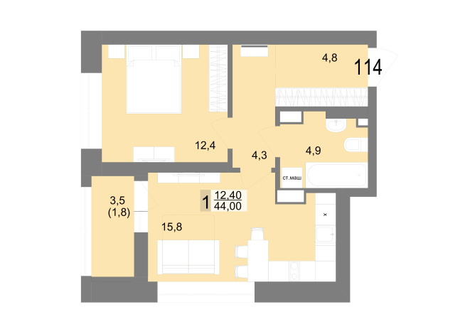 44.00 м² | 18 - 25 эт.