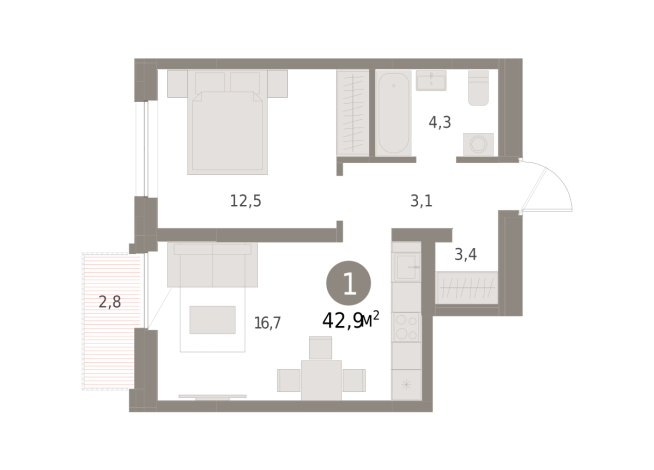 42.00 м² | 6 - 16 эт.